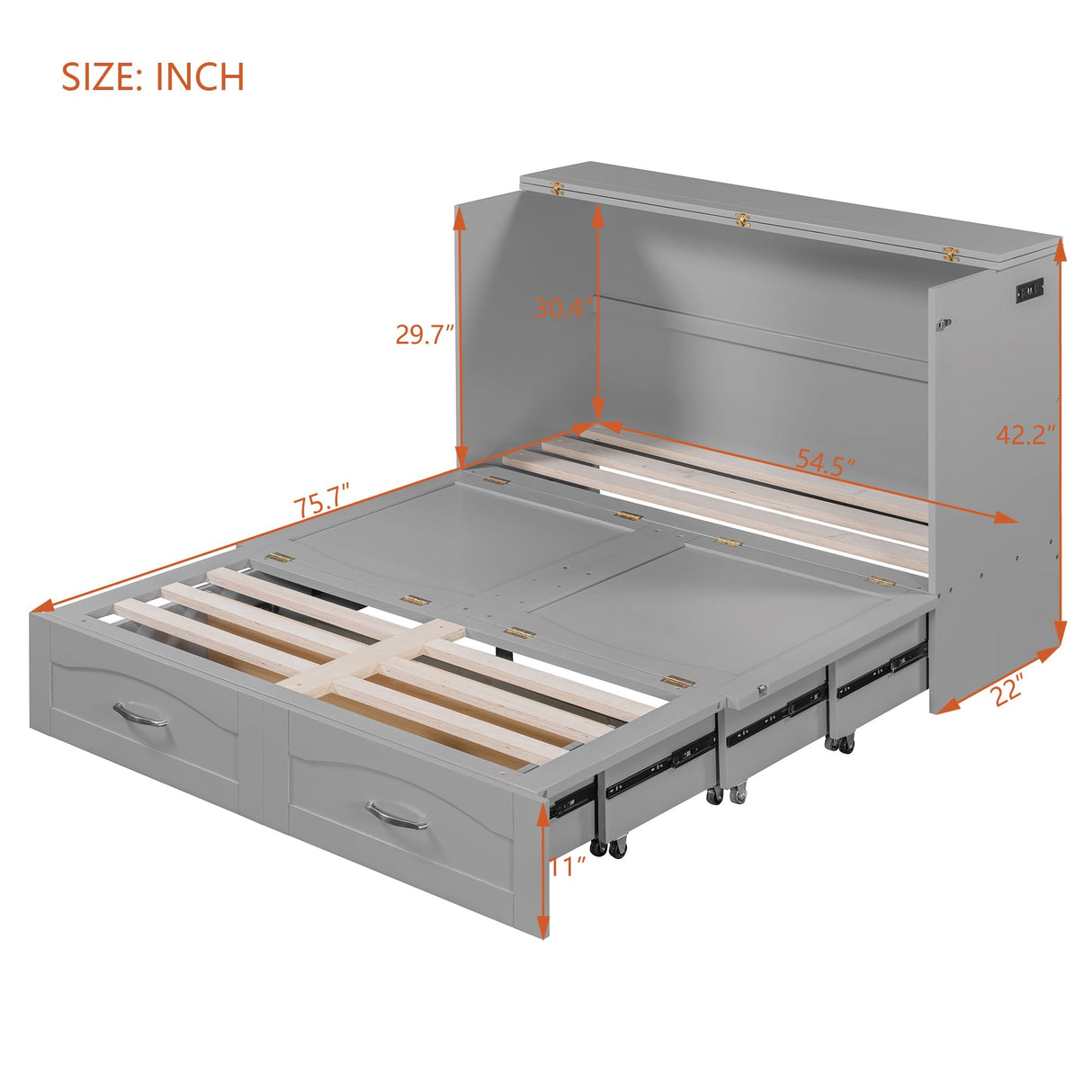 Ball & Cast Murphy Bed Full Size,Cabinet Bed with Drawer and a Set of Sockets,Space Saving Hideaway Wall Bedframe w/USB Ports & Pulley Structure Design,Slat Support,Furniture for Small Space,Gray Ball & Cast