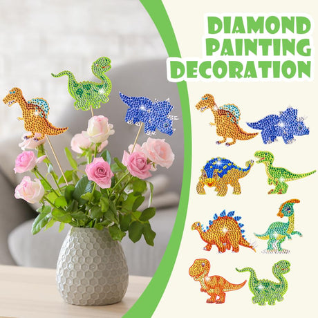AUAUY 8PCS Dinosaur Diamond Art Kits, Diamond Painting Set for Garden Decor, Dinosaur Diamond Painting Ornaments Accessories, DIY Stakes Diamond Art Kits Crafts Supplies for Adult AUAUY