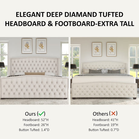 AMERLIFE King Size Platform Bed Frame, Velvet Upholstered Bed with Deep Button Tufted & Nailhead Trim Wingback Headboard/No Box Spring Required/Cream AMERLIFE