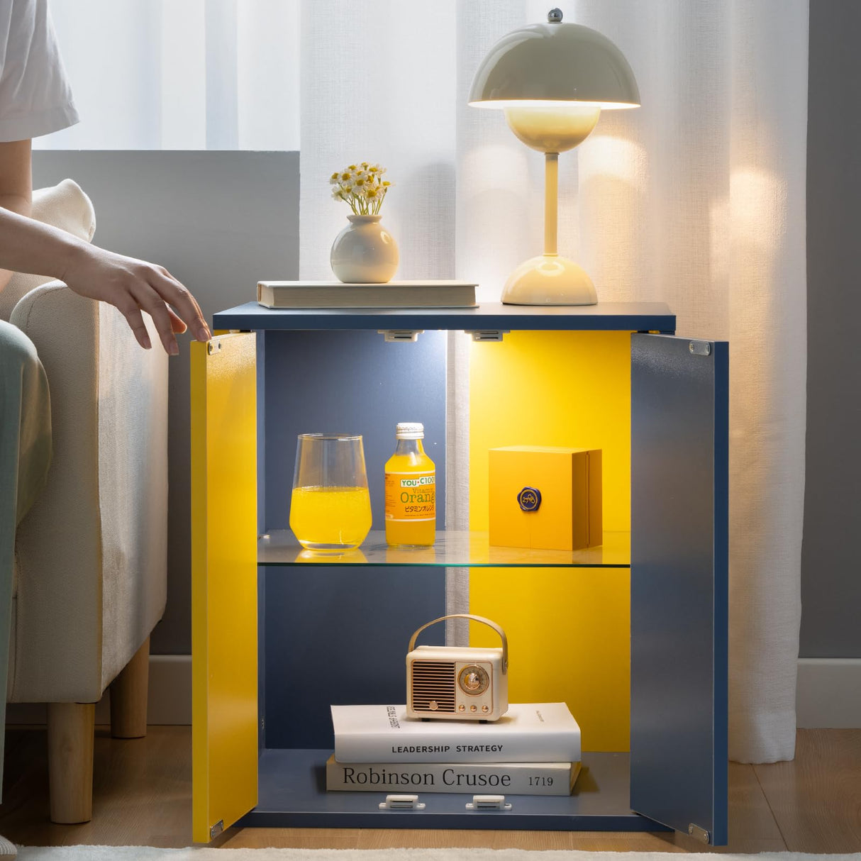 Cubehom Beside Tables LED Nightstands Modern End Tables with Glasses Shelves for Living Room Bedroom Cubehom