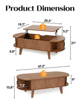 Pruchant Oval Lift Top Coffee Table with Storage, 47.2" Mid Century Modern Living Room Center Table with 180° Sliding Tambour Door, Wood Fluted Coffee Table for Home Office, Walnut Pruchant