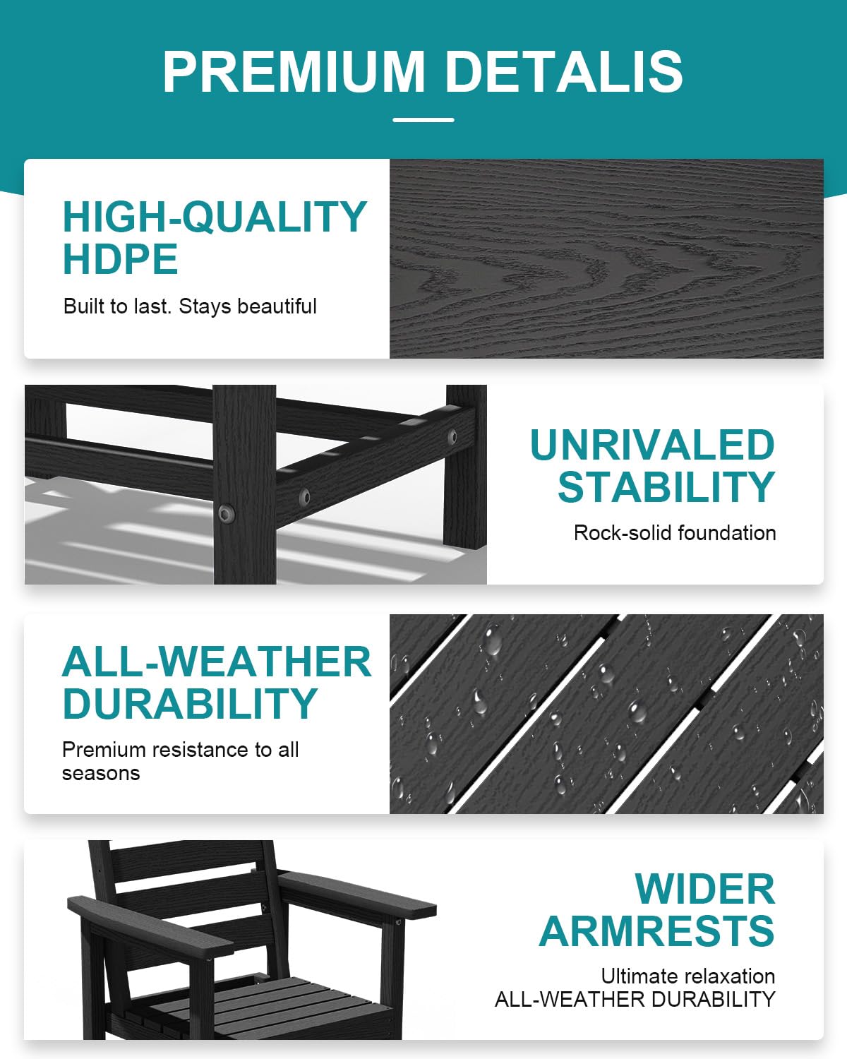 PLUUV Outdoor HDPE Dining Set, 7 Pieces Outdoor Furniture with Large Table& 6 Chairs, All-Weather Patio Dining Set for Lawn, Garden, Backyard, Black PLUUV