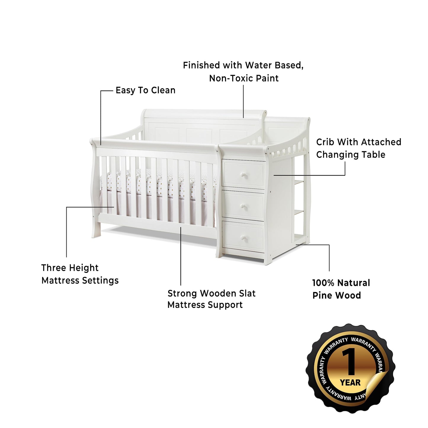 Sorelle Furniture Princeton Elite Crib and Changer with Solid Panel Back Classic -in- Convertible Diaper Changing Table Non-Toxic Finish Wooden Baby Bed Toddler Full-Size Nursery - White - WoodArtSupply