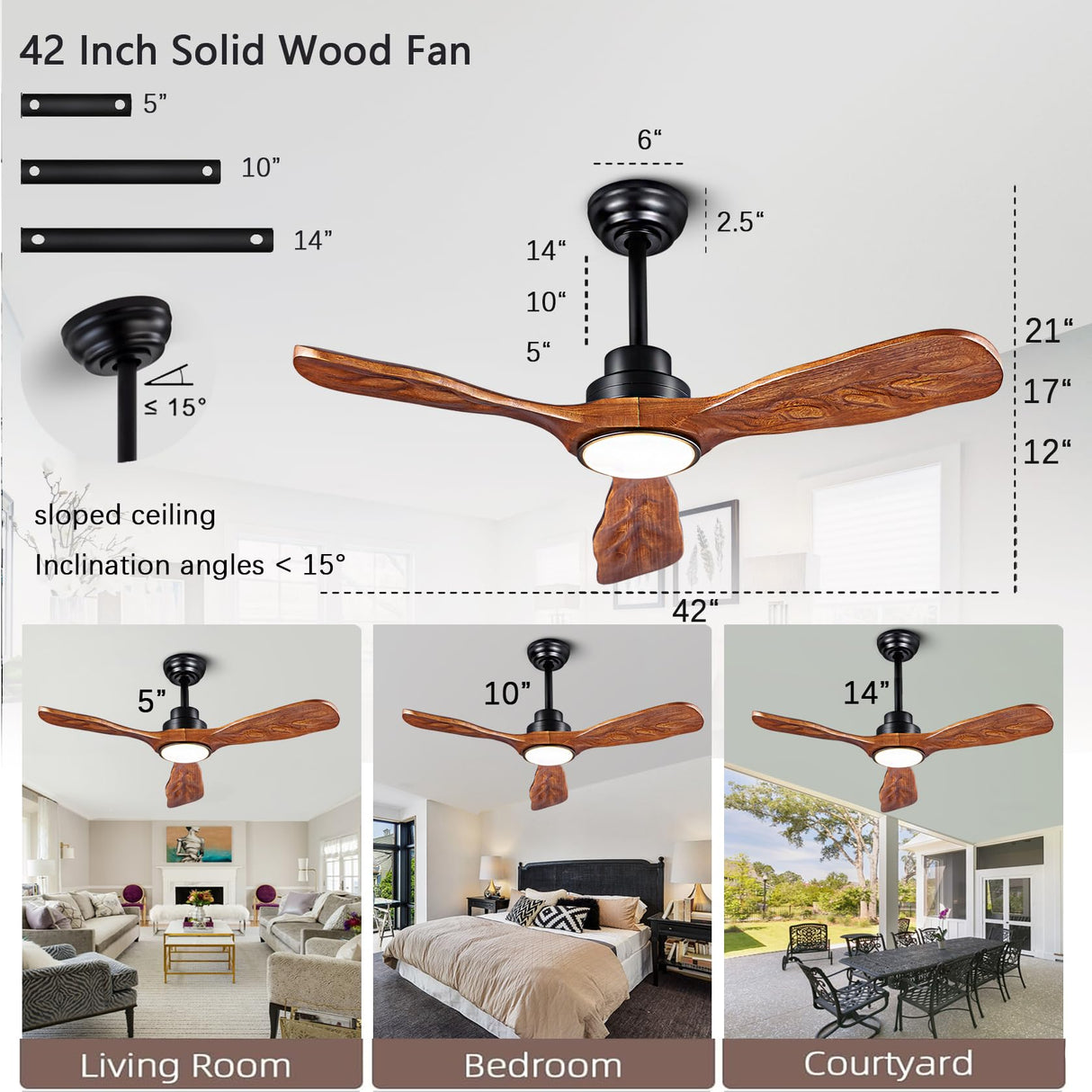 42” Ceiling Fan with Lights and Remote Control Ceiling Fan, Wooden Ceiling Fan with Lights Silent Reversible DC Motor with 3 Blades for Farmhouse, Living Room, Bedroom, Office. (Black + Walnut) ducrew