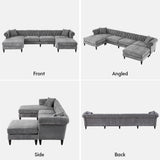 U Shaped Chesterfield Sofa, Oversized Sectional Linen Couch, Chaise Ottoman Sofa Upholstered Accent Tufted Couch with Rolled Armrest and Nailhead Design for Living Room, Office - Grey ORRD