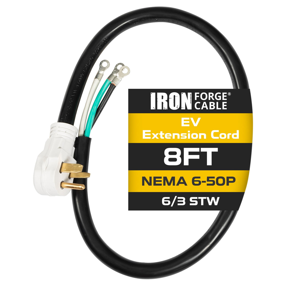 Iron Forge Cable NEMA 6-50 EV Replacement Extension Cord 8 ft with Open End, 50 Amp Power Cord with Eyelet 3 Wire 6/3 Gauge Cord - STW 250V for Level 2 EV Charger & Welder UL Certified IRON FORGE CABLE