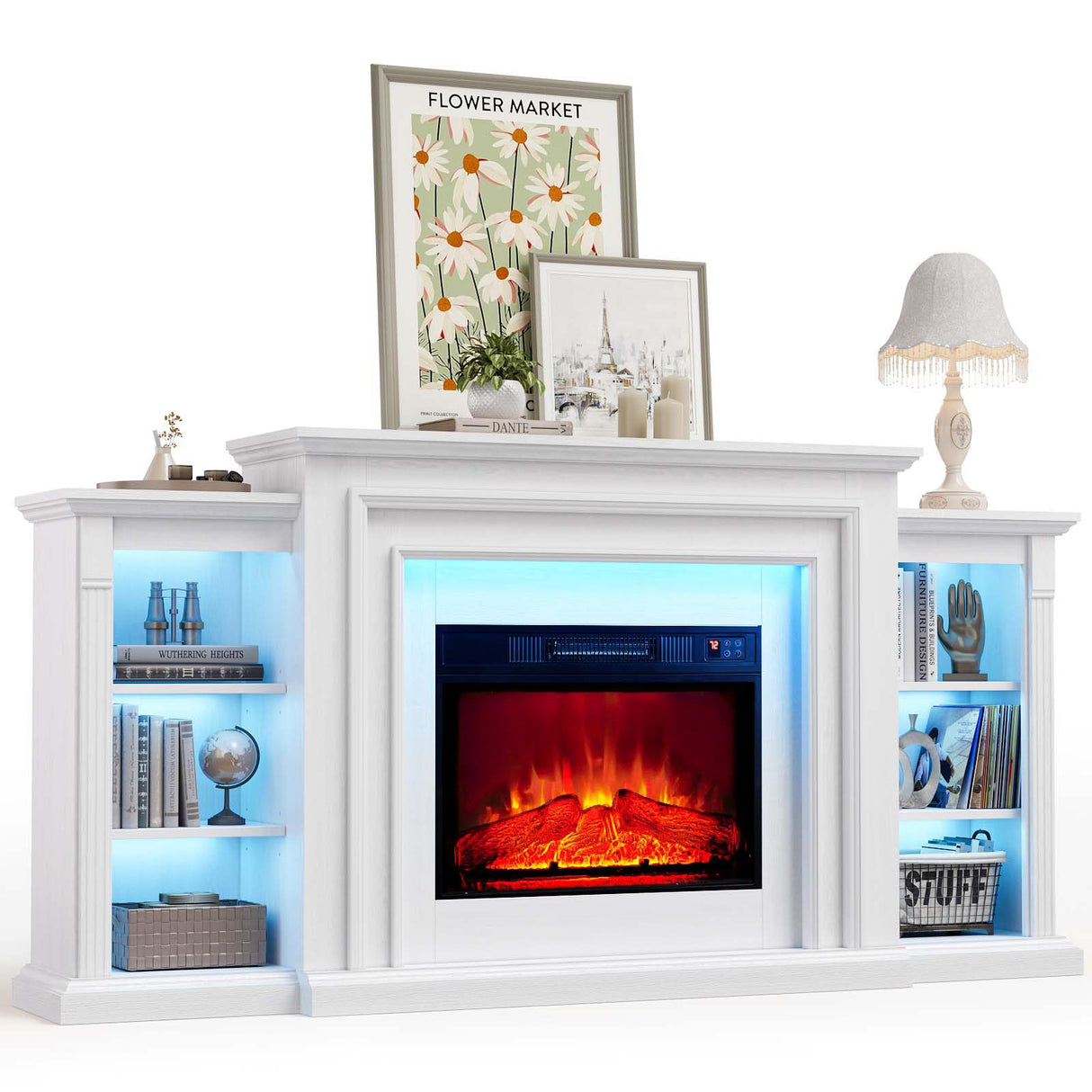 72" LED Lights Electric Fireplace with Mantel, Fireplace TV Stand for TVs Up to 80",Modern Entertainment Center with Storage, Delicate Three-Dimensional Molding with Remote Control for Living Room BOSHIRO