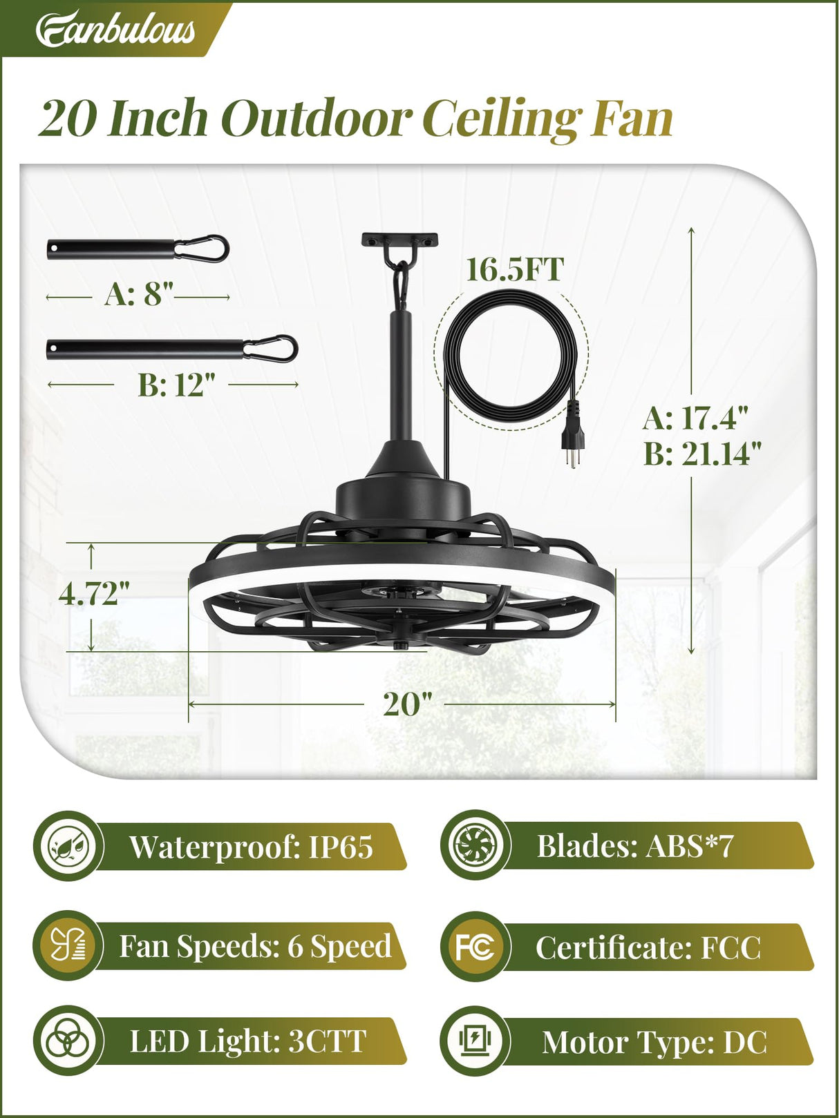 Fanbulous Outdoor Ceiling Fans with Light for Patios, 20" Weatherproof Plug in Ceiling Fan, Gazebo Fan Remote&APP Control, 3CCT Dimmable,Caged Ceiling Fan with Hanging Hook for Porch, Pergola,Canopy Fanbulous