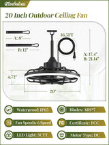 Fanbulous Outdoor Ceiling Fans with Light for Patios, 20" Weatherproof Plug in Ceiling Fan, Gazebo Fan Remote&APP Control, 3CCT Dimmable,Caged Ceiling Fan with Hanging Hook for Porch, Pergola,Canopy Fanbulous