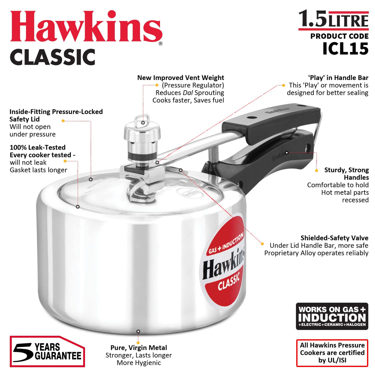 Hawkins 1.5 Litre Classic Pressure Cooker, Induction Inner Lid Cooker, Pan Cooker, Best Cooker, Silver (ICL15) HAWKINS