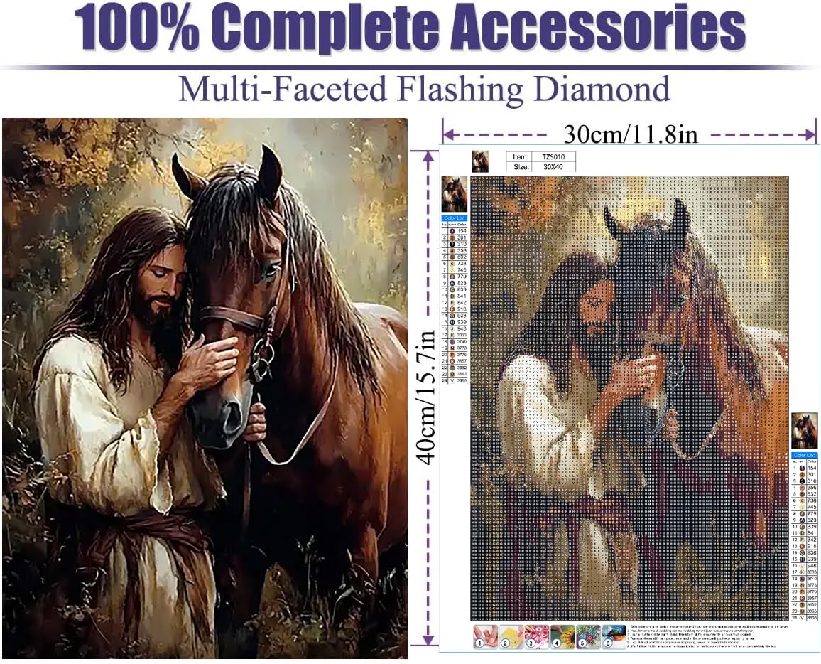 BOHADIY 5D Jesus Diamond Painting Kits for Adults, DIY Horse Diamond Art Painting Kits for Beginner, Full Drill Gem Art Painting Crafts for Home Wall Decor Gift 12‘’x16‘’ BOHADIY