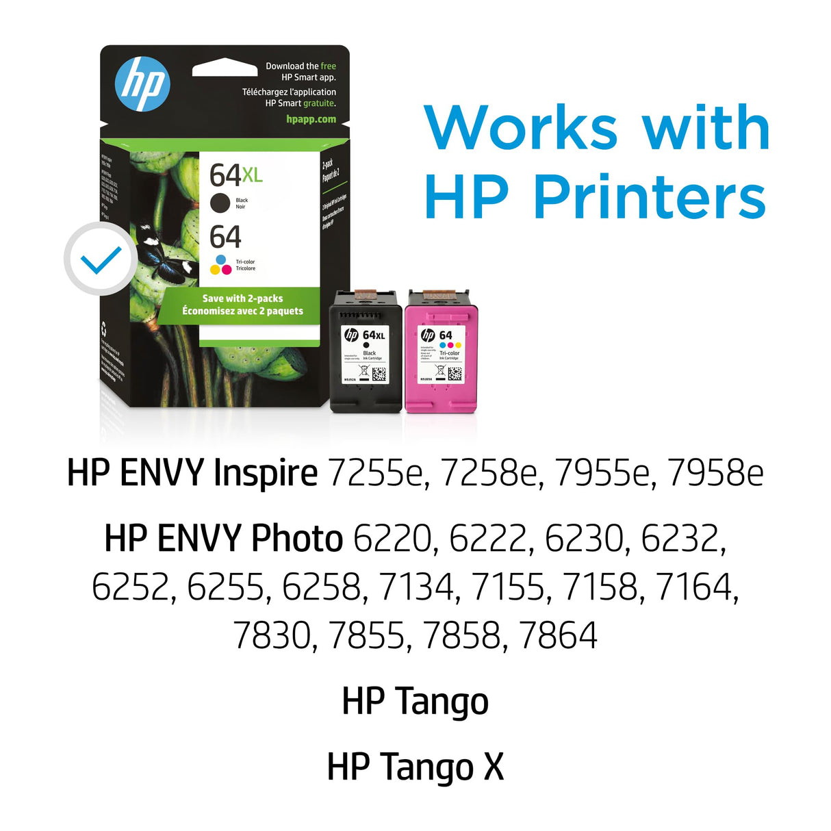 Original HP 64 Tri-color / 64XL Black Ink Cartridges (2-Pack) | Works with HP ENVY Inspire 7250e, 7950e Series; HP ENVY Photo 6200, 7100, 7800 Series HP