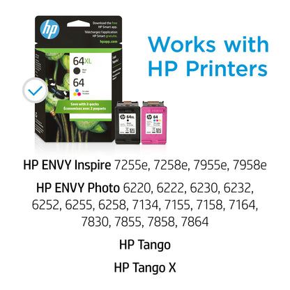 Original HP 64 Tri-color / 64XL Black Ink Cartridges (2-Pack) | Works with HP ENVY Inspire 7250e, 7950e Series; HP ENVY Photo 6200, 7100, 7800 Series