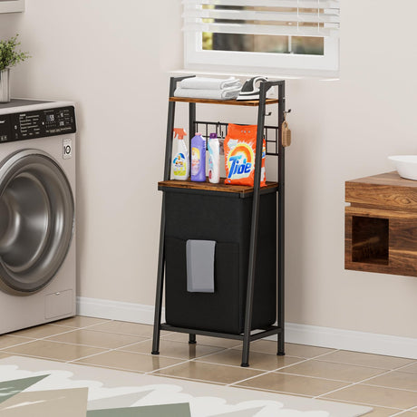 Furnulem 2 Tiers Laundry Hamper with Wooden Shelf and Hooks, Vertical Laundry Basket with Pull-Out and Removable Bag, Clothes Hamper with Divided Bag for Laundry Room, Bathroom, Bedroom, Dorm Furnulem
