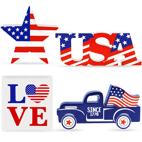 4th of July Decor Patriotic Decorations 4Pcs Wooden Star USA LOVE Car Sign Fourth of July Table Decorations Memorial Day Red White and Blue Decor JENFALL