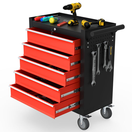 5-Drawer Tool Chest Toolbox, Rolling Tool Chest with Wheels, High Capacity Detachable Mobile Tool Storage Cabinet for Workshop, Garage, Mechanics and Repair Room(Black&red) - WoodArtSupply