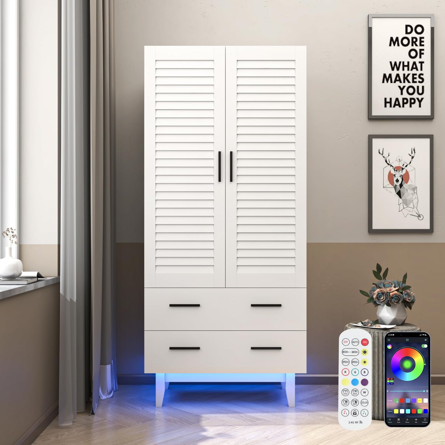 Hlivelood 2 Door Armoire Wardrobe Closet Cabinet with Drawers and LED Lights, Multi-Tier Shelves, Hanging Rod & 2 Louver Doors, Large Capacity Storage Wardrobe Armoire for Bedroom, White… - WoodArtSupply