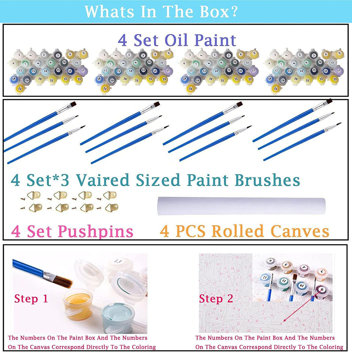 4 Pack DIY Paint by Numbers for Kids Ages 4-8-Paint by Number for Kids Beginners Easy Acrylic Paint Numbers Canvas Art Ages 8-12, Oil Painting Paint by Number Kits for Wall Decor 8x8in(without Framed) KYOQFVN