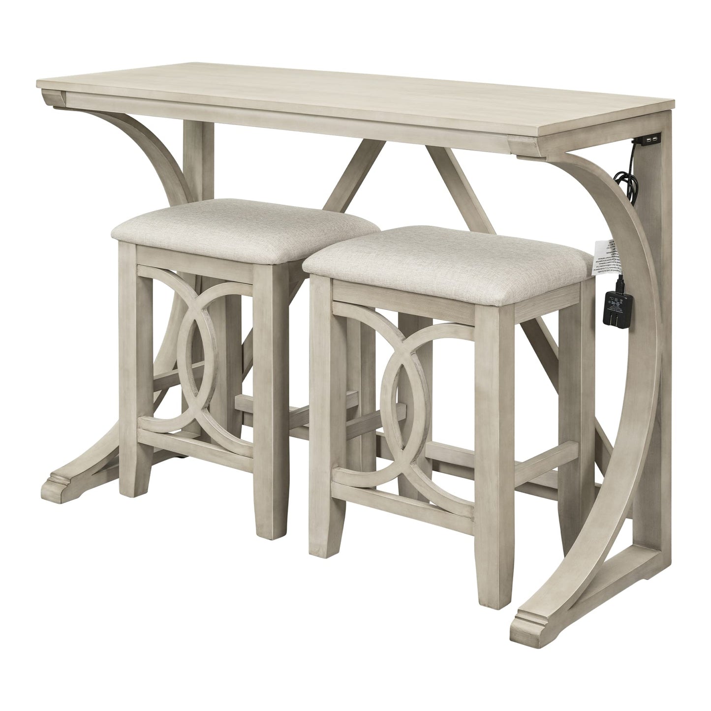 RuiSiSi Cream Farmhouse 3-Piece Counter Height Dining Table Set with USB and Upholstered Stools