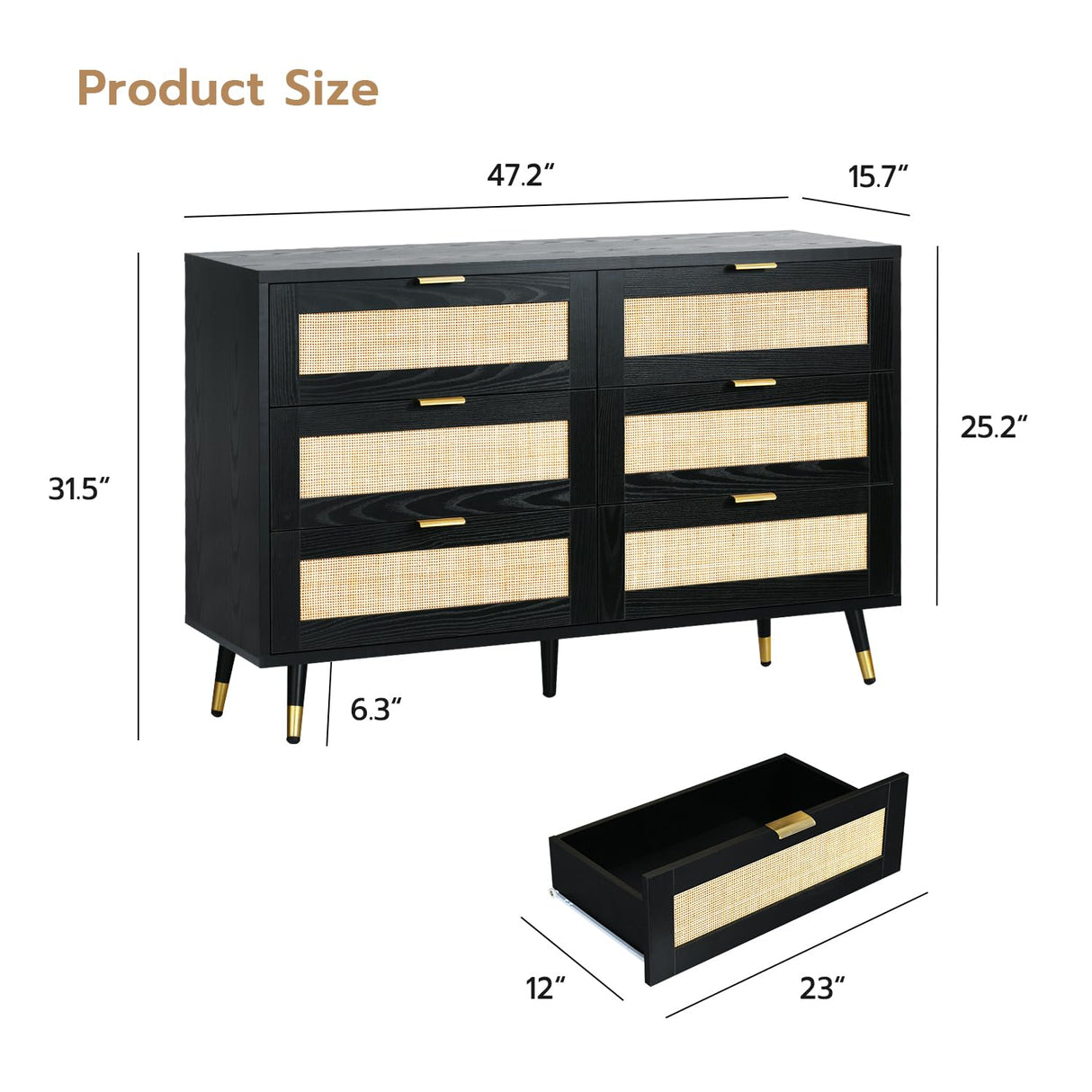 REVOMINCA Rattan Dresser for Bedroom, 6 Drawer Rattan Dresser, Boho Dresser with Gold Handles & Legs, Wood Rattan Chest of Drawers for Bedroom, Storage Drawers for Living Room and Hallway REVOMINCA