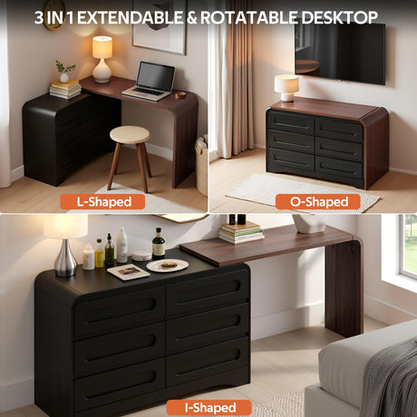 6 Drawer Dresser with Extendable Table, L-Shaped Desk Vanity Combo, 47" Wood Dresser & Chest of Drawers, Modern Closet Clothes Storage Dressers Organizer for Bedroom Living Room Hallway, Black SOLACE FURNITURE
