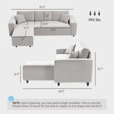 HOMCOM 95" Sectional Sofa with Reversible Chaise Lounge, L-Shaped Corner Sofa with Corduroy Fabric, Pocket Spring, 2 Pillows, Wide Arm, Thick Padded, 3 Seat Couch for Living Room, Light Gray HOMCOM