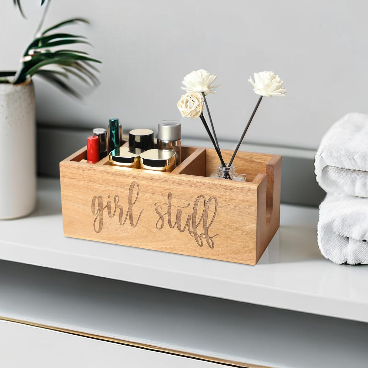 LBEMEY Acacia Wood Makeup Brush Holder, Organizer for Tampon, Cotton roud pads, Cotton Swab, Makeup,3 Compartments bathromm canister storage organization, Vanity Makeup Organizer, Tampon Holder LBEMEY