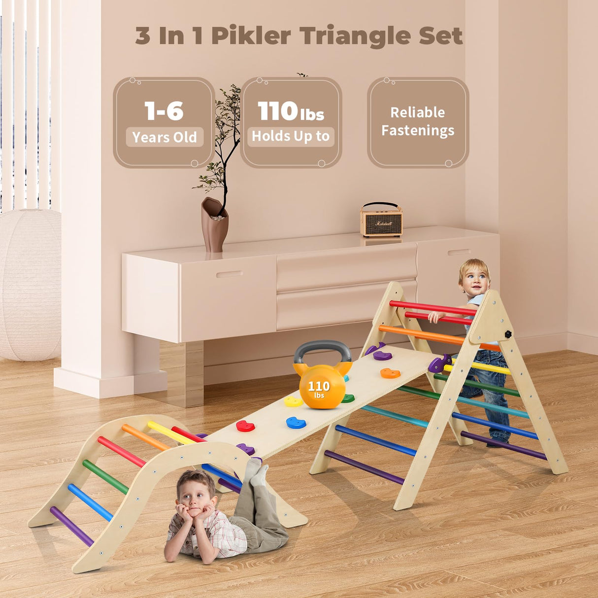 Pikler Triangle Set with Cushion, 5 in 1 Foldable Montessori Climbing Set for Toddlers Age 1-6, Climbing Triangle Set with Slide and Climbing Ramp Toddler Indoor Playgrounds, Gift for Kids (Rainbow) GCCSJ