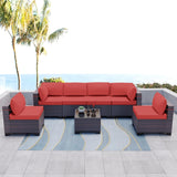 Kullavik 7 Pieces Outdoor Patio Furniture Set,Sectional Rattan Sofa Set Brown PE Rattan Wicker Patio Conversation Set with Tempered Glass Coffee Table and Washable Cushions Covers,Red Kullavik