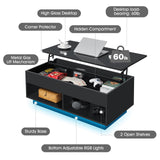 LED Coffee Table for Living Room Lift Top Coffee Tables with Storage Morden High Gloss 4 Tiers Black Tea Table Center Tables Sofa Hidden Compartment & 2 Open Shelve HOMMPA