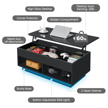 LED Coffee Table for Living Room Lift Top Coffee Tables with Storage Morden High Gloss 4 Tiers Black Tea Table Center Tables Sofa Hidden Compartment & 2 Open Shelve - WoodArtSupply