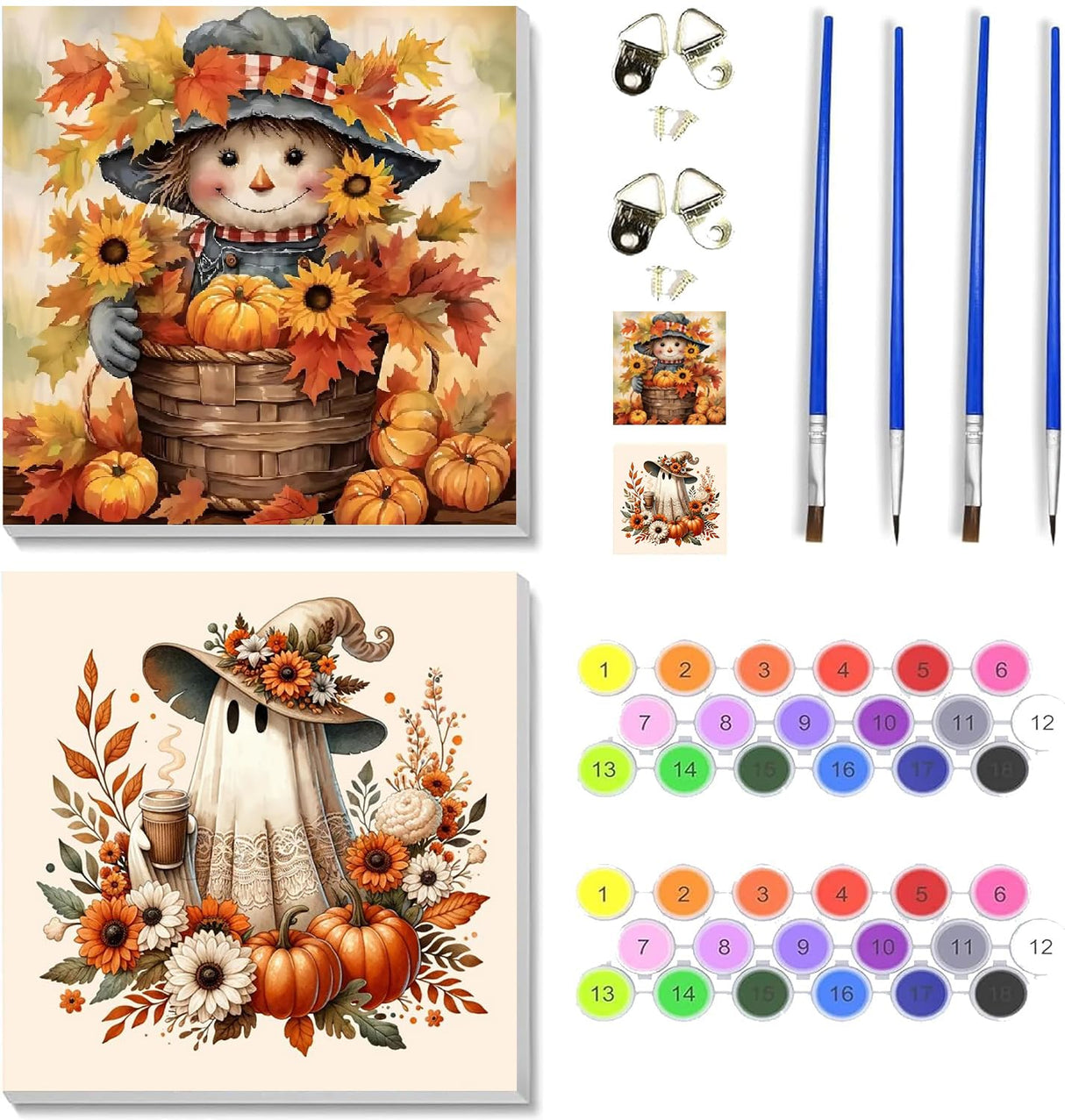 VIGEGU 2 Pack Thanksgiving Paint by Numbers Kit for Adults with Framed,Fall Scarecrow Ghost Pumpkin Paint by Number DIY Adult Paint by Number Kits for Wall Decor 10x10in VIGEGU