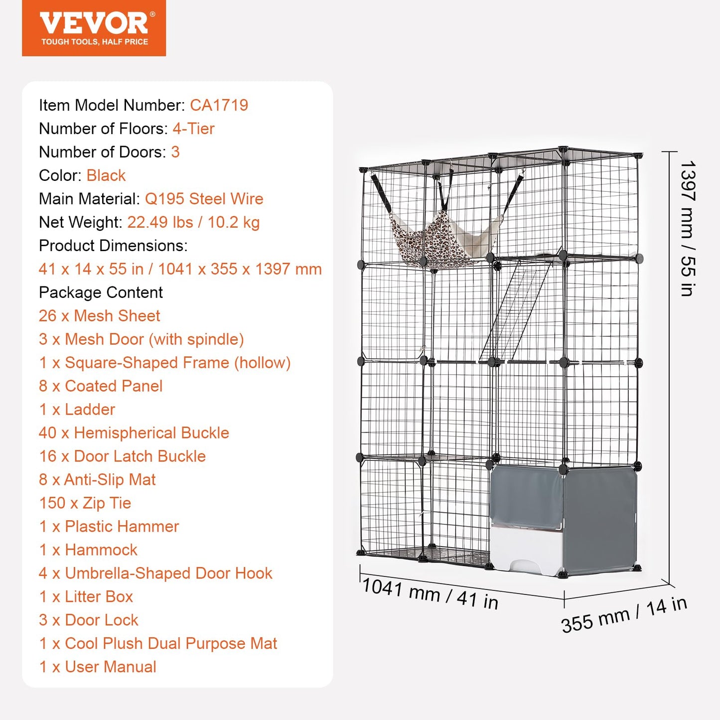 VEVOR Large 4-Tier Cat Cage, 41 x 14 x 55, Detachable Metal Wire Cat Enclosure, with Litter Box Hammock Ramp ladders, Indoor & Outdoor Crate Exercise Place Ideal for Kitty, Small Animals, Black