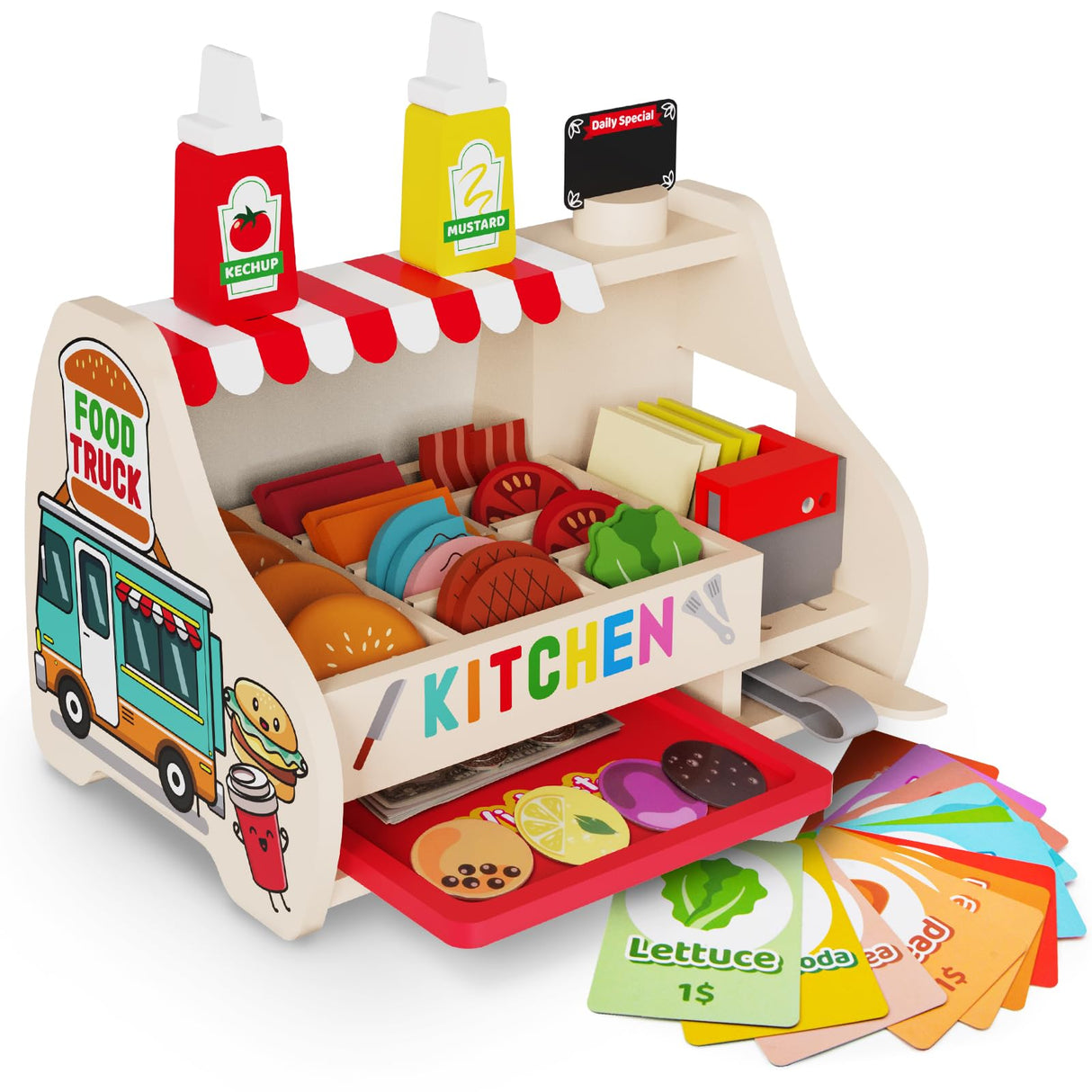 Victostar Wooden Play Food Set (58 pcs) Slice & Stack Sandwich Counter, Pretend Play Store Food Toys, Burger Shop Toys for Boys and Girls Victostar