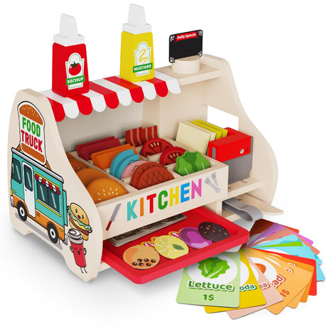 Victostar Wooden Play Food Set (58 pcs) Slice & Stack Sandwich Counter, Pretend Play Store Food Toys, Burger Shop Toys for Boys and Girls Victostar