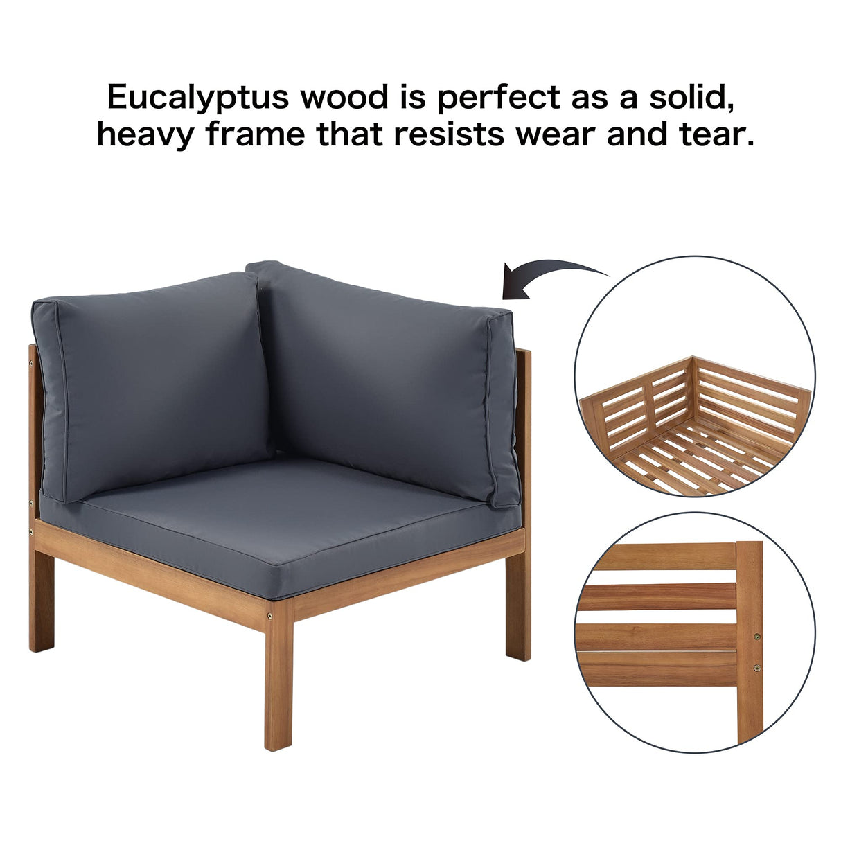 AOCHUANG Eucalyptus Wood 4 Piece Sectional Sofa Set Coffee Table Removable Cushion,Patio Seating Group L Shape Corner Garden Backyard Poolside (Natural Wood+Gray), 58.7inch x 27.6inch 25.1inch(L W H) AOCHUANG