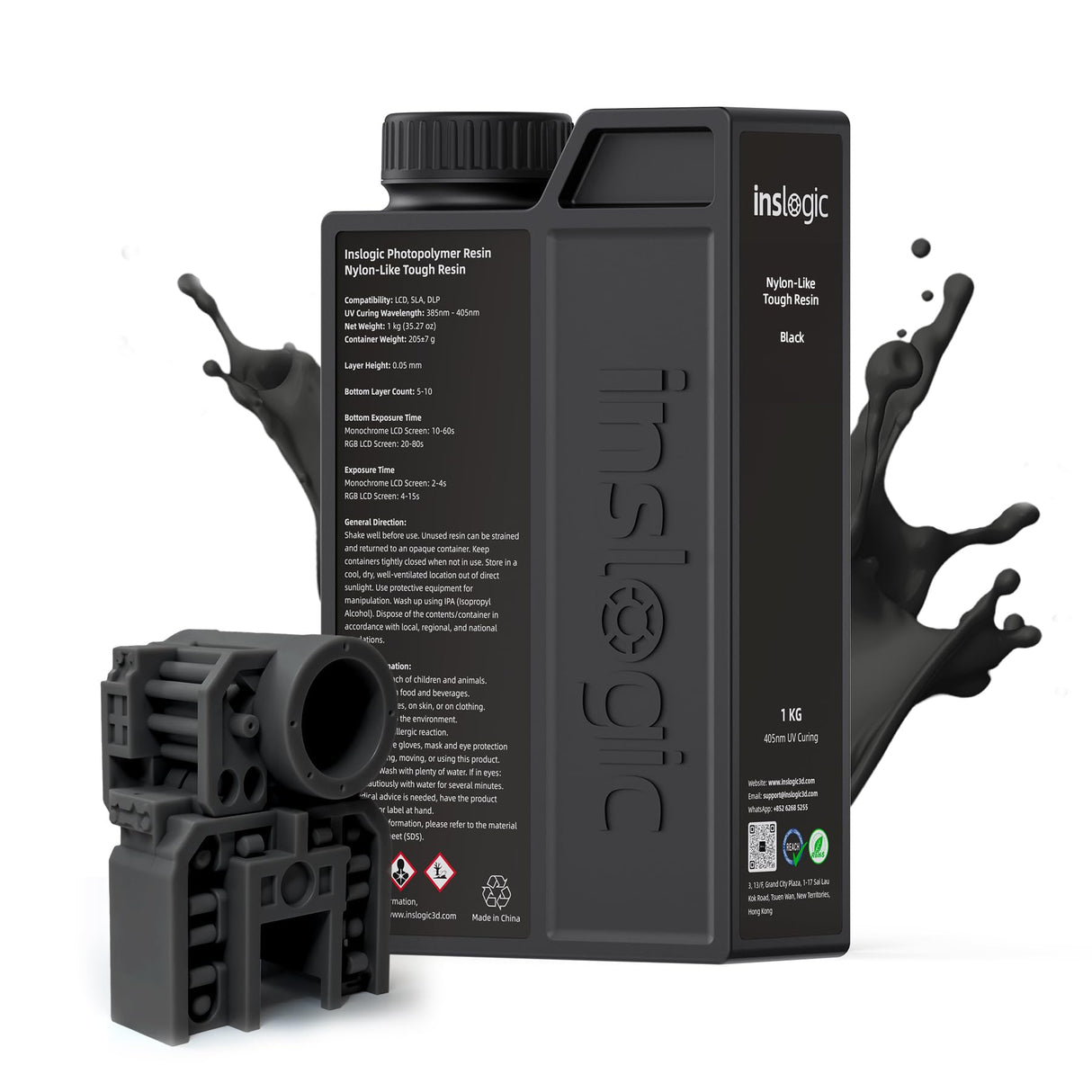 Inslogic Nylon-Like Tough 3D Printer Resin, High Impact Resistance & Flexibility for LCD, DLP, SLA Resin 3D Printers, Durable, Low Shrinkage, 365-405nm UV-Curing Resin for Functional Parts, 1kg, Black Inslogic