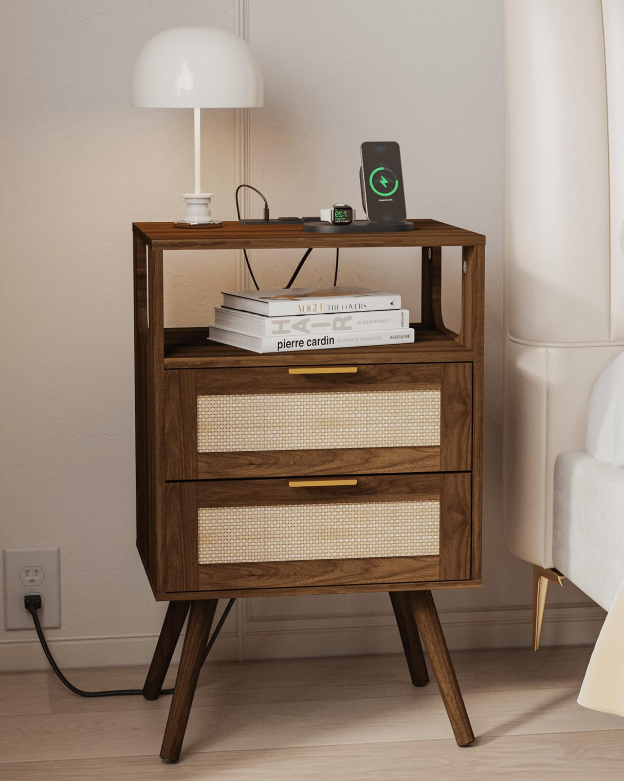 JOONEE Rattan Nightstand with Charging Station,Farmhouse Bedside Table with 2 Storage Drawer and Open Wood Shelf, for Bedroom and Small Spaces,Night Stand with Solid Wood Legs (Walnut Brown-Outlet) JOONEE