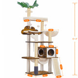 Hebly Wood Cat Tree for Indoor Cats, Cat Condo for Large Cats with Self Groomer,Modern Cat Scratching Tower with Basket,Hammock,Dangling Ball and leaves,Rustic Brown HCT120SR Heybly