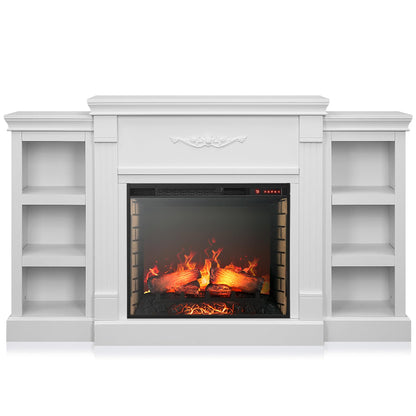 BELLEZE Modern 70" Electric Fireplace Heater Mantel TV Stand & Media Entertainment Center for TVs up to 68" with Energy-Efficient Heater With Sound and Side Book Shelves - Lenore (White)