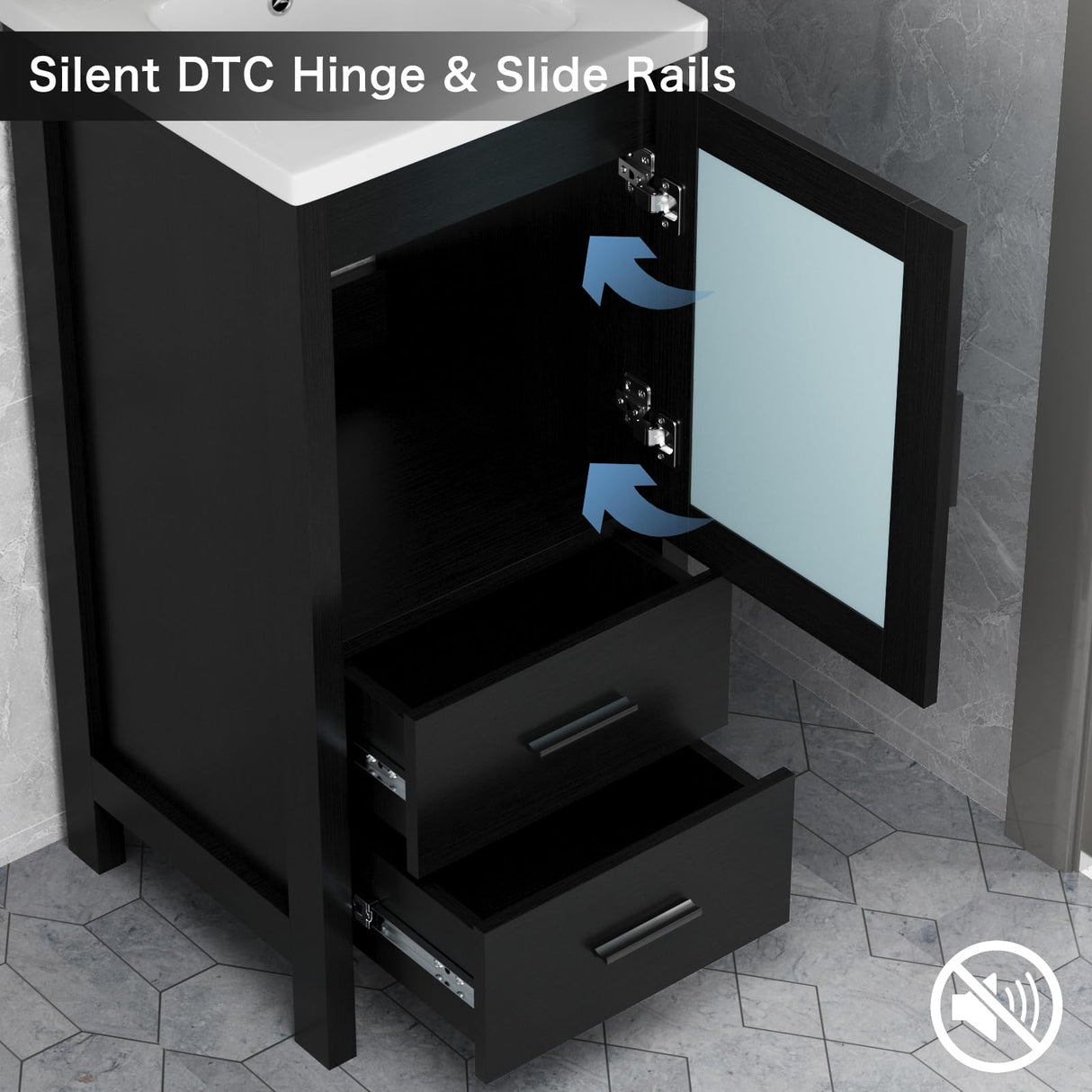 wonline 16" Bathroom Vanity Set, Single Small Bathroom Cabinet with Ceramic Sink, Modern Black Cabinet Vanity with Faucet & Pop Up Drain wonline