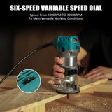 Avtbeisty 6.5-Amp Wood Router Tool, 1.25 HP Compact Trim Router with 6 Variable Speed, Fixed Base, 12 Wood Router Bits, 1/4" & 3/8" Collets, Edge Guide, Roller Guide, and Dust Hood Avtbeisty