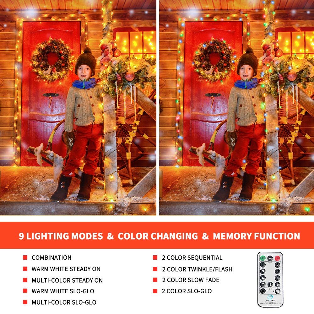 MZD8391 Color Changing Christmas String Lights Outdoor Indoor, 108FT 300 LED Warm White Multicolor Fairy Lights, END to END Connect, Waterproof Christmas Tree Lights Timer Remote MZD8391