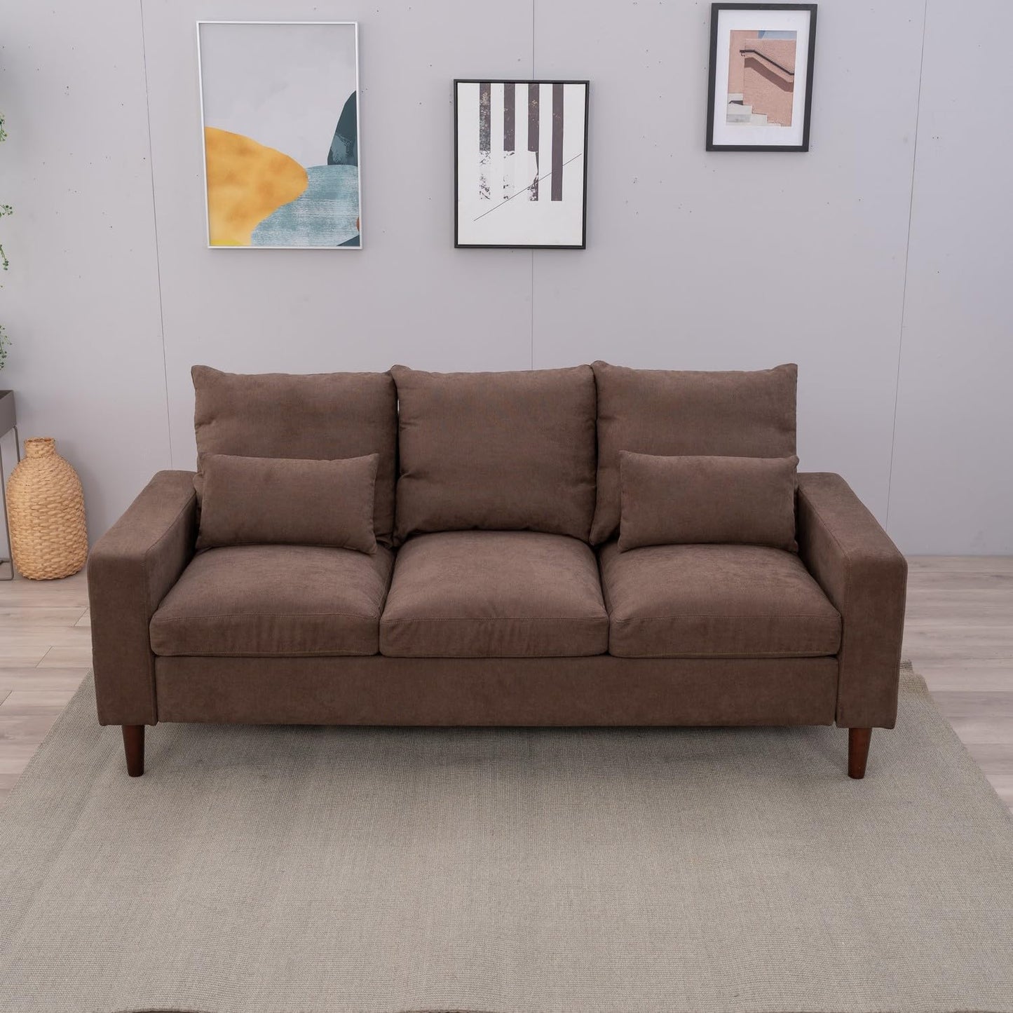 Panana Upholstered Sofas 3 Seater for Living Room Modern Design Simple Couch, Straight Arms, Linen Fabric Upholstery, Tool-Free Assembly (Brown)