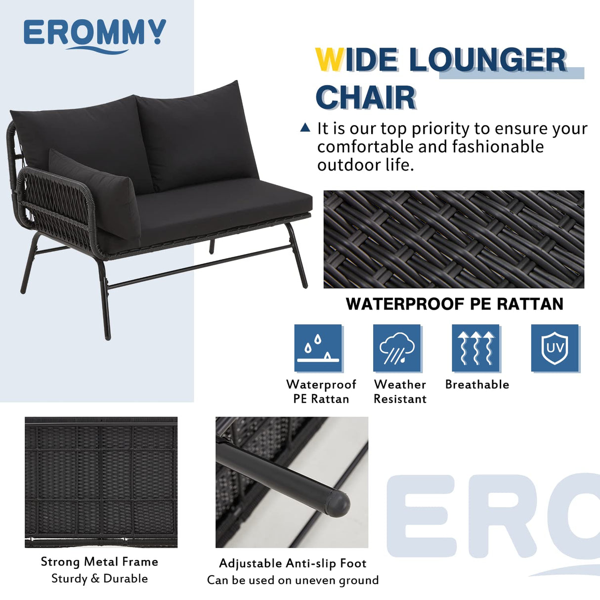 EROMMY 3 Piece Patio Conversation Sets, L-Shaped Sectional Patio Furniture Sofa Set with Thick Cushions and Toughened Glass Coffee Table for Backyard Balcony Garden Porch, Black EROMMY