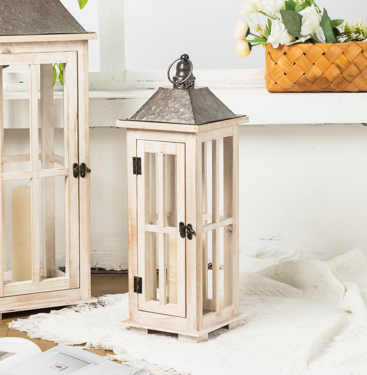 TIMRIS Large Rustic Wooden Decorative Lantern Set of 2, Modern Farmhouse Distressed Whitewash Floor Candle Lanterns, Indoor/Outdoor Hanging Lanterns for Home Decor (No Glass) TIMRIS