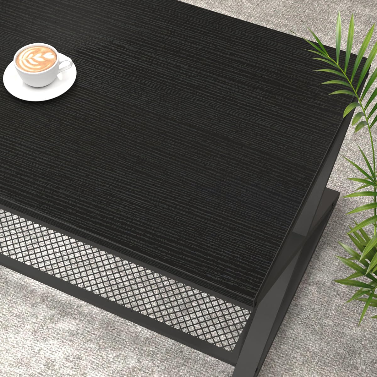 LVB Black Coffee Table, Wood Metal 2 Tier Center Tables with Storage Shelf, Modern Rectangular Concrete Tea Table for Living Room, Wooden Middle Cocktail Table for Office Bedroom, 47 inch, Black Oak LVB
