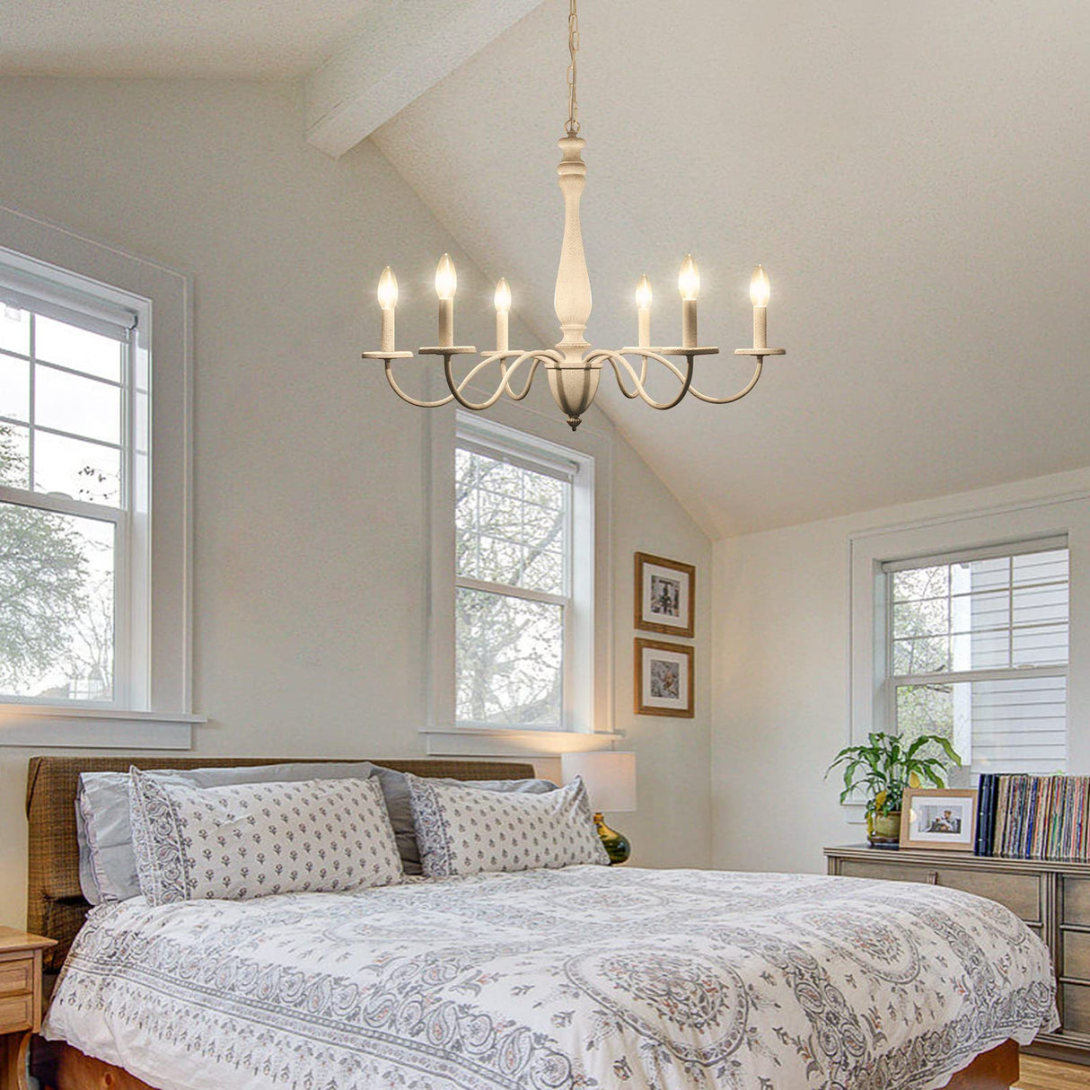 6-Light Chandelier Farmhouse Chandeliers for Dining Room Lighting Fixture, French Country White Chandelier Brown White Wood Chandeliers for Living Room Bedrooms Dining Room Foyer YLCHYTDZSW