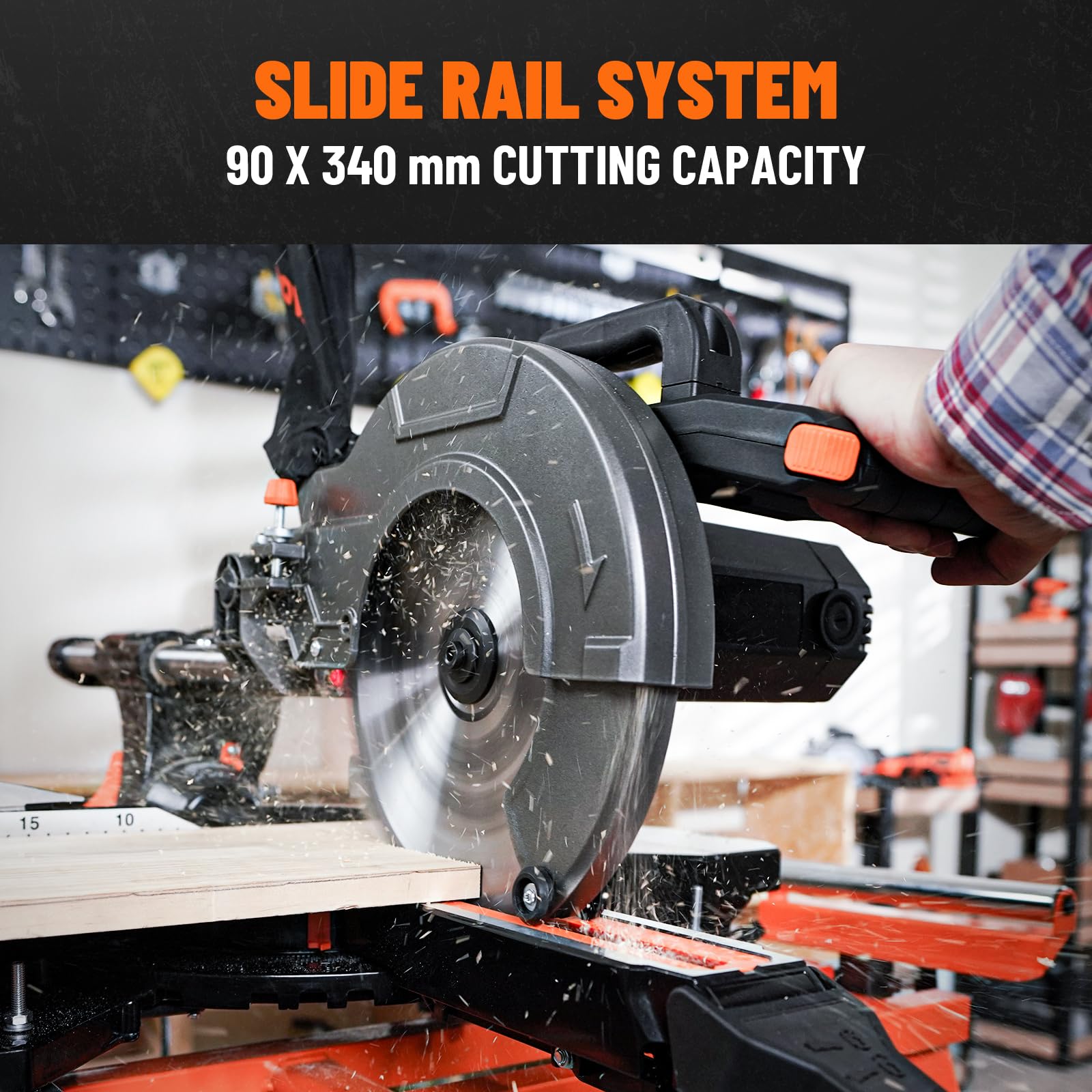 DOVAMAN 10in Sliding Miter Saw, Multi-use w/ 3 Blades, 15A Miter Saw, 4500/3200RPM, Ambidextrous Use, 0-45° Bevel Laser Cut, Max Cut 3.5x13.4in, 9 Positive Stops, for Cutting Wood, PVC or Sof - WoodArtSupply