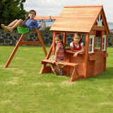 Sportspower Swing n' Play Wooden Outdoor Backyard Playhouse with Swing, Picnic Bench and Flower Boxes, Brown Sportspower